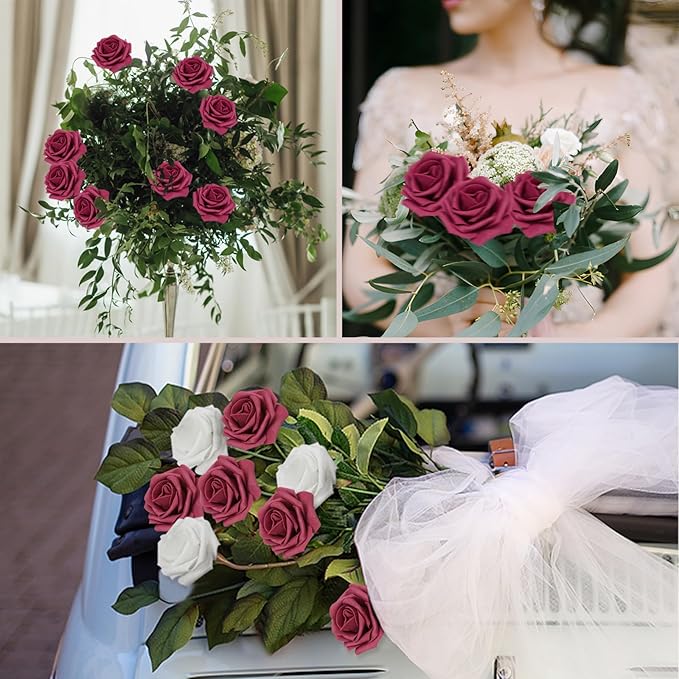 200PCS Artificial Flowers Burgundy Roses Real Looking Foam Fake Roses with Leaves and for DIY Wedding Bouquets Bridal Shower Centerpieces Party Decorations (Burgundy, 200)