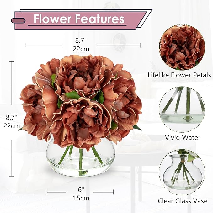 Hollyone Coffee Peonies Artificial Flowers with Vase Faux Flowers Peony Fake Flowers Silk Flower Arrangements in Glass Vase with Faux Water for Home Decor Bathroom Table Centerpiece Shelf Decorations