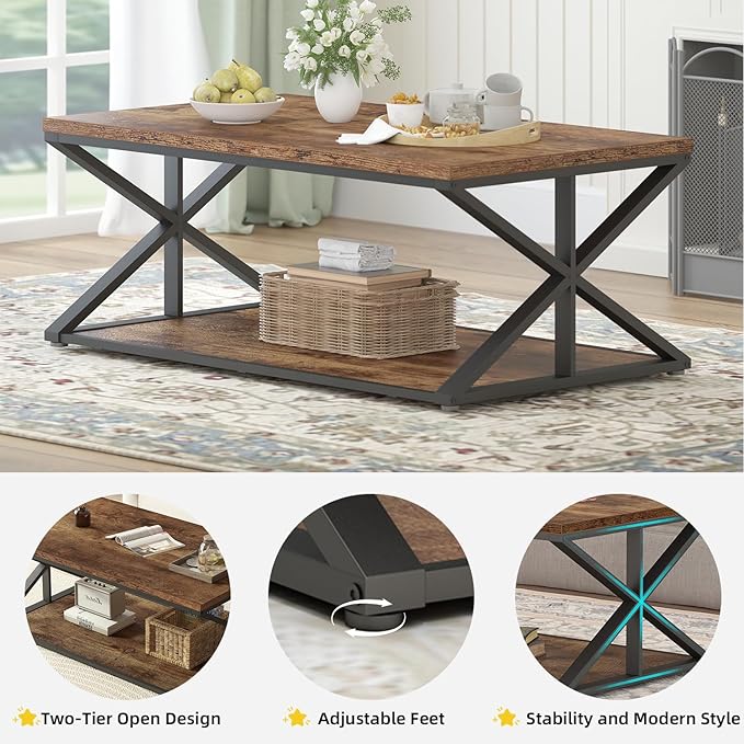 Coffee Table With Storage, Farmhouse Living Room Center Table, Modern Minimalist Rectangle, Industrial Vintage Wood Tea, 47 Inch, Rustic Brown