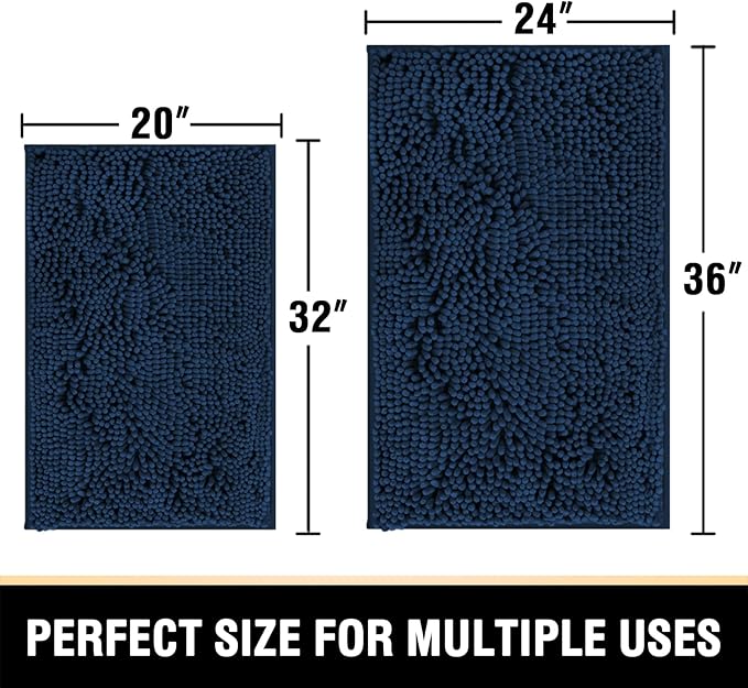 H.VERSAILTEX Bathroom Mats - Non Slip Luxury Chenille Bath Rugs, Extra Soft Absorbent Shaggy, Fast Dry - Sets of 2 (Navy, 24" x 36"/20" x 32")