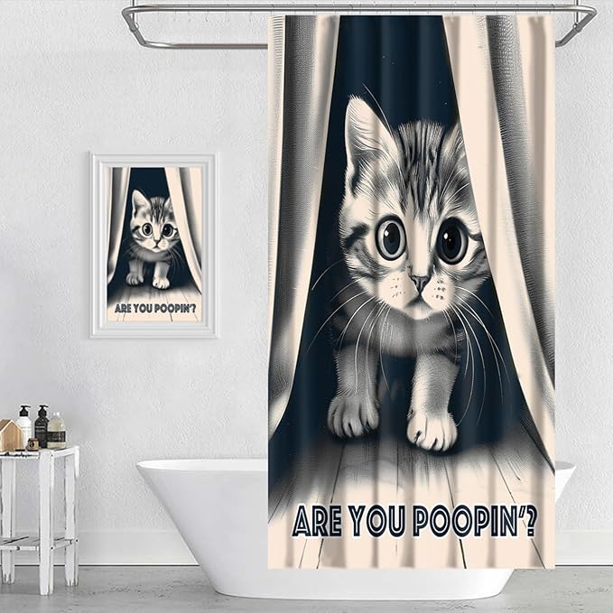 Funny Cat Shower Curtain Cute Animal Shower Curtains for Bathroom Decor are You Poopin' Humorous Joke Waterproof Polyester Fabric Bathroom Curtain with Hooks 72x72 Inch