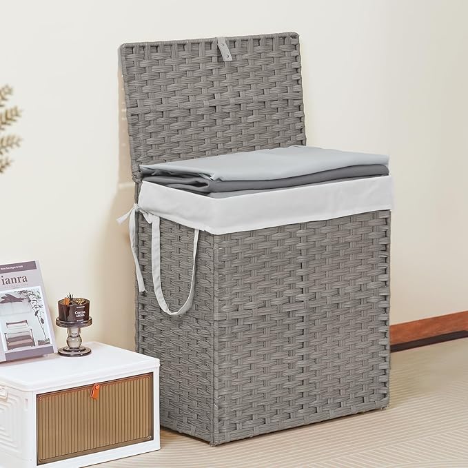 Sweetcrispy Foldable Laundry Hamper–Large Capacity Clothes Basket with Lid, 29.1 Gallon (110L) Bin for Bedroom, Bathroom, and Wash Room–Double Insert Storage Organizer, Dove Gray