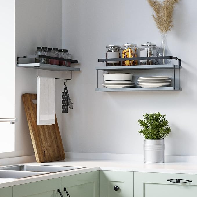 RICHER HOUSE 2+1 Tier Wall Mounted Floating Shelves Set of 2, Rustic Wood Wall Shelf with Metal Frame, Extra Storage Rack for Bathroom, Kitchen, Bedroom with Tissue Rack & Towel Bar - Grey