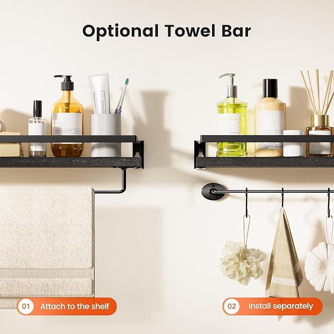 AMADA HOMEFURNISHING Floating Shelves, Wall Shelves for Bathroom, Kitchen, Bedroom, Bathroom Shelf with Towel Bar, Decor Shelves Set of 2, Black - AMFS01B