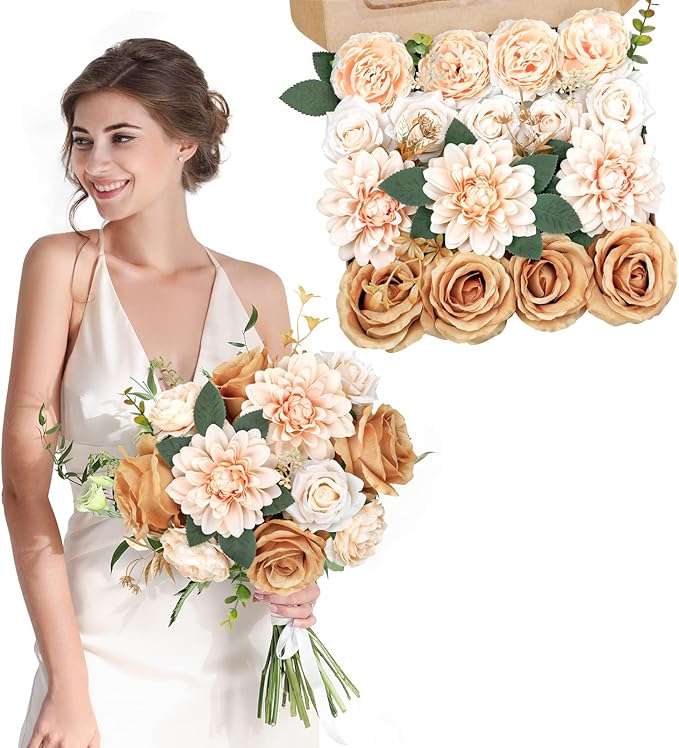 AmyHomie Champagne Nude Artificial Flowers Combo Silk Mix Peony Rose Daisy Fake Flowers w/Stem for DIY Wedding Bouquets Centerpieces Arrangements Table Decor Party Bridal Baby Shower Home Decor