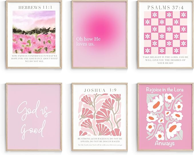 Habseligkeit Unframed Pink Gradient Room Decor, Pink Flower Wall Art Prints, Posters for Girls Dorm Aesthtic, Danish Pastel Wall Decor 11x14in, Set of 6