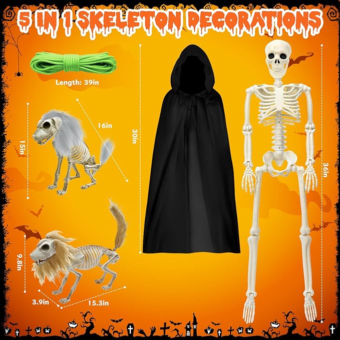 Askill 36" Skeleton Halloween Decorations, 3FT Posable Skeleton with Furry Dog & Wolf Skeleton - 3 in 1 Creepy Plastic Movable Joint Skeleton for Halloween Party Yard Decor - 36inch