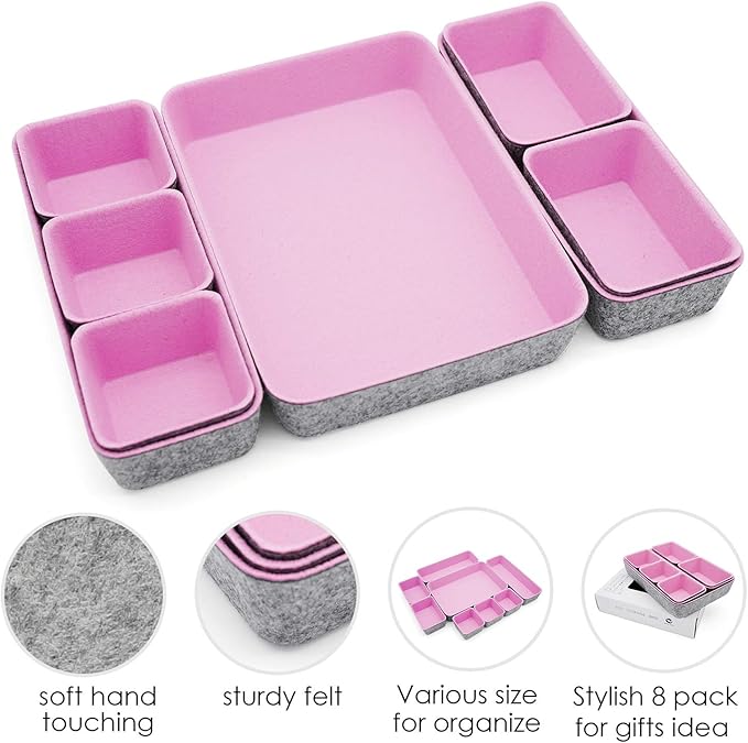 Welaxy desk drawer organizers tray dividers felt storage box bin for office suppliers makeup crafts pens decluttering 8-piece back to school solution (Light pink)
