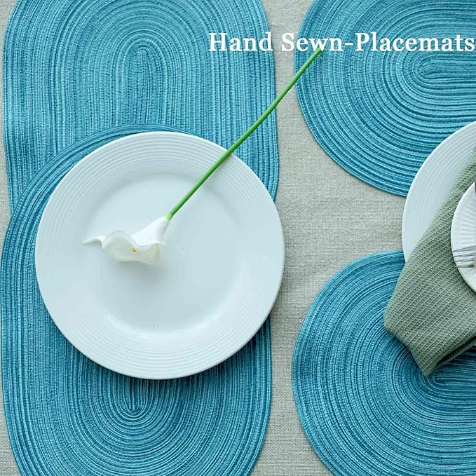 Noctiflorous Oval Braided Placemats Set of 4 Woven 12x18 Inch Non Slip Washable Heat Resistant Place Mats Round Tablemats for Dining Kitchen Party Daily Table Decor Dinner Mats (07 Blue, 4)