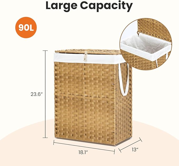 Sweetcrispy Foldable Laundry Hamper–Large Capacity Clothes Basket with Lid, 23.8 Gallon (90L) Bin for Bedroom, Bathroom, and Wash Room–Double Insert Storage Organizer, Goose Yellow
