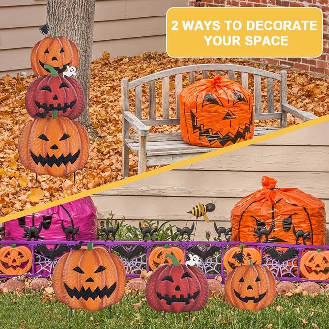 Hogardeck Halloween Decorations: 34" Garden Stakes with 3 Pumpkins & Jack O Lantern Metal Yard Signs for Lawn, Patio & Party