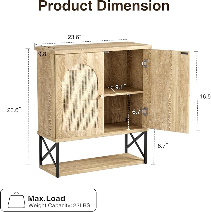 Rattan Bathroom Wall Cabinet, Boho Medicine Wall Cabinet with Double Doors and Adjustable Shelves, Tall Kitchen Wall Mounted Storage Cabinet, Floating Space Saver Over Toilet, Natural