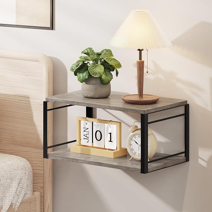 Floating Nightstand, Wood Bedside Shelf Wall Mounted Nightstand, Floating Bedside Table for Bedroom, Living Room, Bathroom, Kitchen, Office (Vintage Gray)