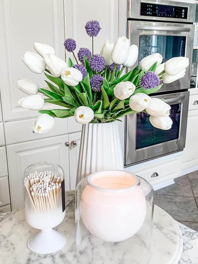 Beferr White Tulips Artificial Flowers 18Pcs Faux Silk Tulip Real Touch Tulip Fake Flowers Bouquets Arrangements for Mother's Day Easter Spring Flowers Gifts Home Table Decor