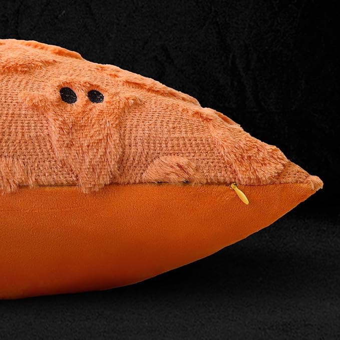4TH Emotion Halloween Ghost Decorative Pillow Covers 16x16 Set of 2, Orange Soft Plush Faux Fur Farmhouse Throw Cushion Cases for Fall Autumn Holiday Home Decorations