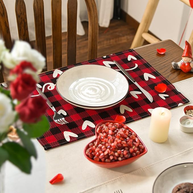 Artoid Mode Black Red Buffalo Plaid Love Valentine Placemats Set of 4, 12x18 Inch Seasonal Anniversary Holiday Table Mats for Party Kitchen Dining Decoration