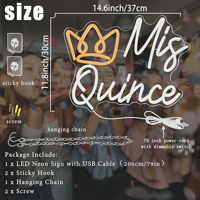Mis Quince Neon Sign, LED Mis Quinceanera Neon Sign with Crown, Dimmable Mis Xv Neon Sign Light, Mis 15 Años Letrero Quinceanera Decorations for 15th Birthday Party Girl Kid Christmas Wall Decor