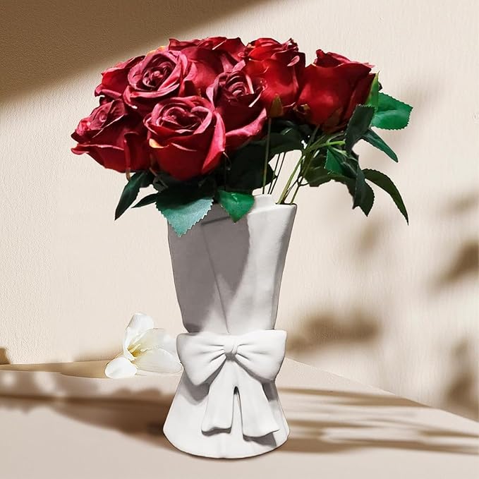 White Ceramic Bow Vase Unique Cute Decorative Bouquet Flower Vases 9.64 in