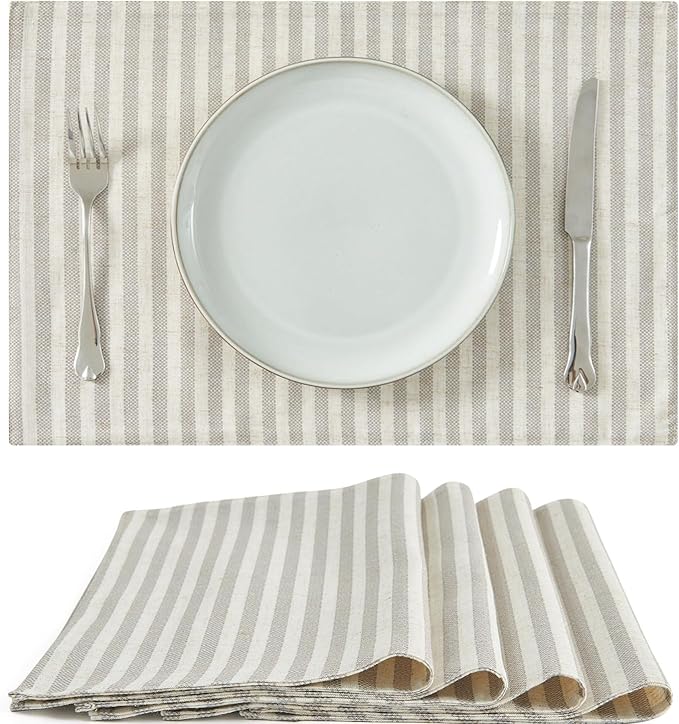 JINCHAN Linen Striped Placemats Set of 4 Gray Farmhouse Cloth Place Mats Sturdy Table Mats Soft Washable Placemats for Kitchen Dining Table Double Layer Heat Resistant Tablemats 13x19 Inch Grey