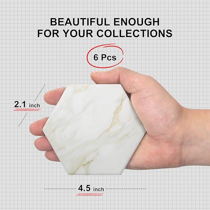 6Pcs White Marble Coaster Set with Holder Hexagon Ceramic Coasters Absorbent Coasters Drink Coasters Set for Coffee Table Bar Coasters Wine Coasters Modern Coasters Beer Coasters Cup Coasters