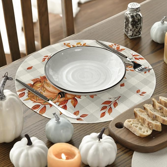 Artoid Mode Beige Buffalo Plaid Polka Dot Pumpkins Leaves Fall Placemats Set of 4, 14 Inch Round Table Mats for Dining Decoration