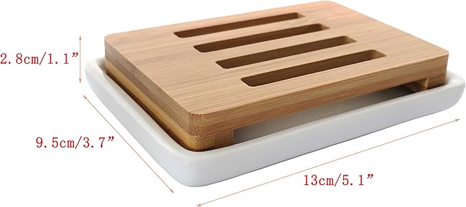 Lofekea Soap Dish Holder, Self Draining Soap Saver Bar Soap Holder for Shower Ceramic Soap Dish for Shower,Bathroom, Kitchen (Bamboo)