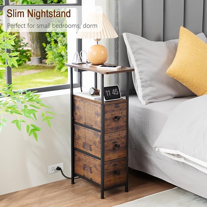 Narrow End Tables Living Room Set of 2 with Charging Station, Skinny Side Table with Fabric Drawers, Slim Nightstand for Bedroom, Small Spaces, Couch, Rustic Brown, HETNDP03PBR