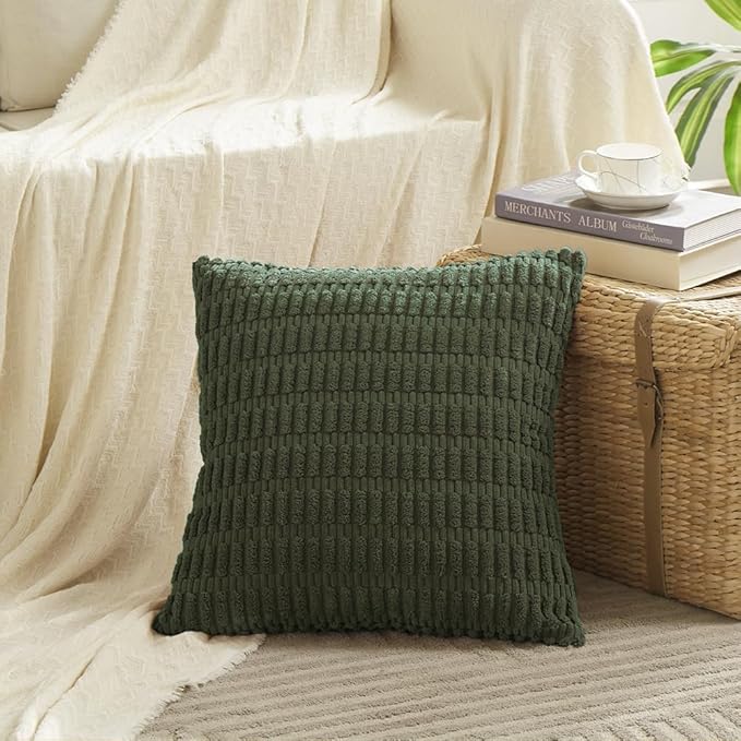 Fancy Homi 4 Packs Boho Olive Green Decorative Throw Pillow Covers 22x22 Inch for Couch Bed Sofa, Rustic Modern Farmhouse Home Decor, Soft Plush Corduroy Cute Square Cushion Case 55x55 cm