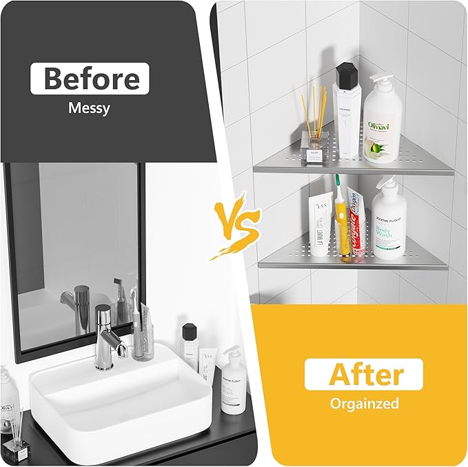 Neodrain 10 Inch Brushed Shower Shelves Corner Shelf for Tile Wall,304 Stainless Steel Corner Shower Shelves for Bathroom, Floating Corner Shelves for Shower Wall, No Drilling(Set of 2