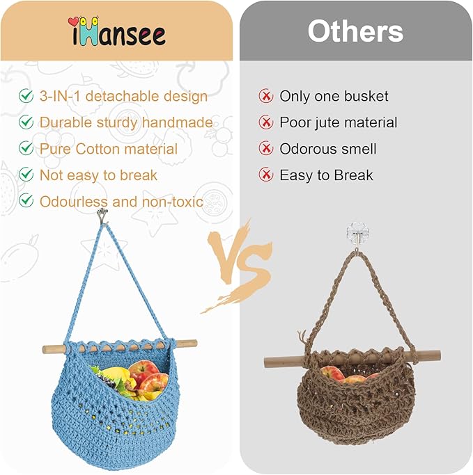 Hanging Baskets for Organizing, 3 Tier Detachable Wall Hanging Fruit Basket Over the Door Organizer for Vegetable Plant, Gray Blue Boho Crocheted Cotton Fruit Holder for Kitchen Bathroom Bedroom
