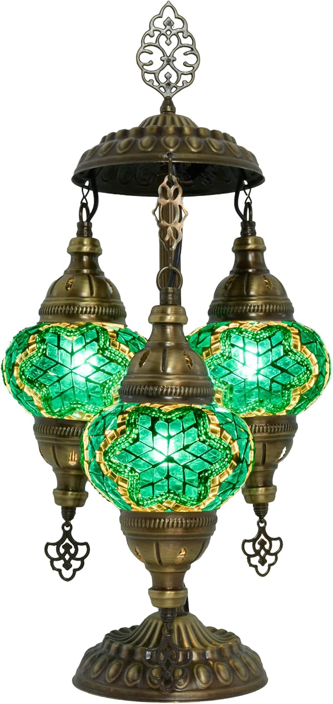 mozaist 3 Globe Mosaic Tiffany Style Table Lamp, Stained Glass Turkish Handcraft Desk Light, Bohemian Vintage Guestroom, Study Room Decorative Teal Lighting with US Plug & E12 Socket(Turquoise Green)