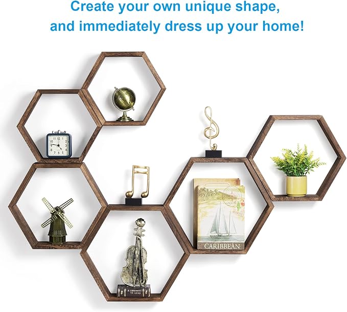 Hexagon Floating Shelves Set of 6 Farmhouse Honeycomb Wall Storage Shelf Wood Display Hexagonal Shelves Wall Mounted Hanging Rustic Shelf Racks for Bedroom Living Room Hallway Office Decor, Brown