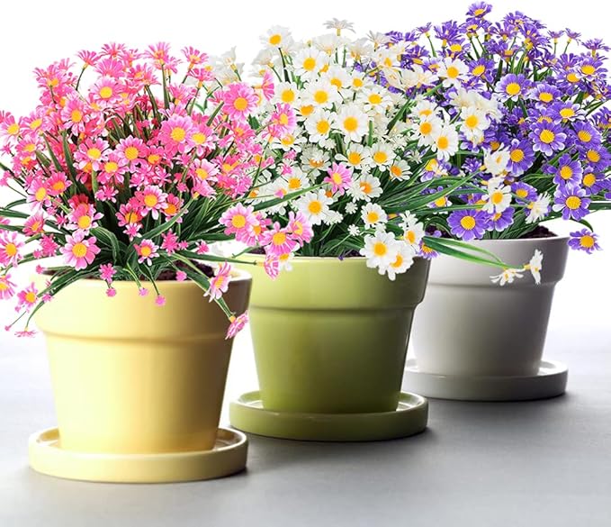 8 Bundles Artificial Daisies Flowers Outdoor UV Resistant Fake Foliage Greenery Faux Plants Shrubs Plastic Bushes for Window Box Hanging Planter Farmhouse Indoor Outside Decor(Pink)