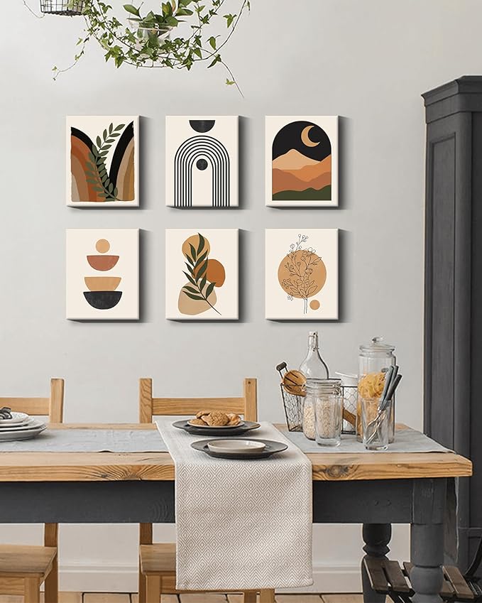Drsoum Boho Wall Decor Minimalist Bohemain Wall Art Mid Century Modern Abstract 𝗙𝗿𝗮𝗺𝗲𝗱 Room Decor Moon Phases Wall Painting For Bedroom Home Decor Set of 6, 8x10in (Framed)
