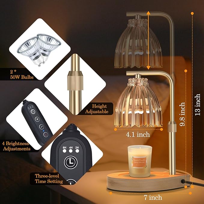 Candle Warmer Lamp with Adjustable Height, Timer & Dimmer, Birthday Gifts for Women, Elegant Gift Box & Greeting Card, Candle Lamp with 2 Bulbs for Home Decor/Bedroom/Office