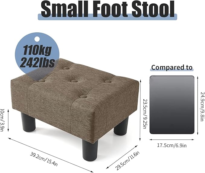 BRIAN & DANY Small Foot Stool, Linen Foot Stools with Legs, Stable Small Footstool for Living Room, Brown