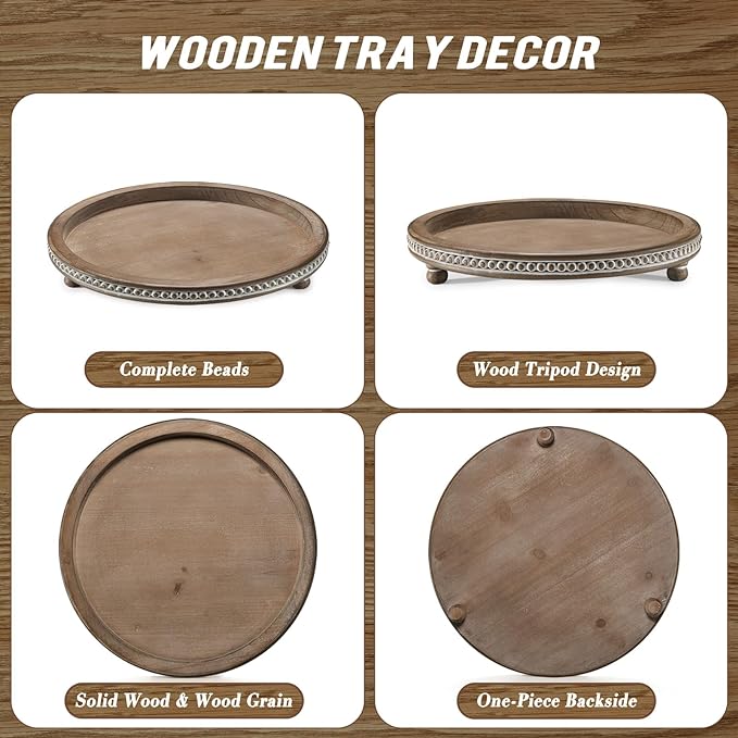 Handmade 12 Inch Decorative Tray, Small Beaded Tray Coffee Table Decor, Warm Brown Round Wooden Tray for Coffee Table, Dining Room Table Entryway and Living Room Table