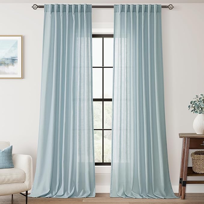 Sky Blue Curtains 108 inch Length for Bedroom Back Tab Light Filtering Semi Sheer Blue Living Room Curtains Linen Cotton Textured Drapery Panel Aesthetic Decor Light Blue 52x108