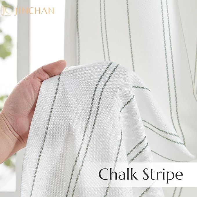 jinchan Green and White Striped Curtains 96 Inches Long for Living Room Bedroom Green on White Curtains Pinstripe Drapes Privacy Light Filtering Rod Pocket Modern Window Treatments Set 2 Panels