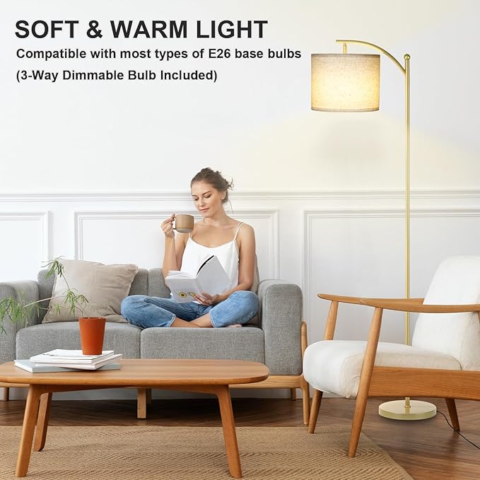 Floor Lamp for Living Room, Dimmable Standing Lamp Tall with Linen Shade Modern Floor Lamps Foot-Step Switch Reading Lamp for Living Room Bedroom Office Dining Room, 9W Bulb Included (Gold)