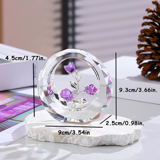 Crystal Purple Rose Bouquet Figurines Glass Flowers with Stems Valentines Anniversary Rose Gifts for Girlfriend Wife, Purple Crystal Rose in Glass Ring Collectible Figurines Forever Roses Decor