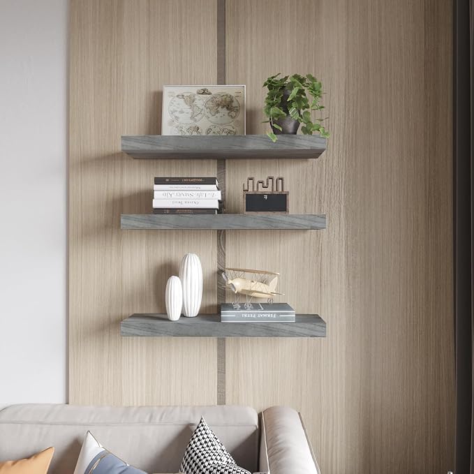 Floating Shelves 24 Inch Wall Shelf Solid Wood Mounted Storage for Bedroom Living Room Set of 2, Rustic Grey Wall Shelves