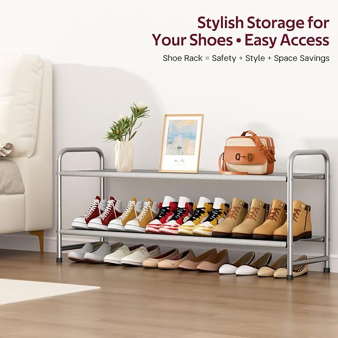 SLEEPING LAMB 2-Tier Long Shoe Rack Organizer for Closet, Stackable Wide Shoe Shelf Holds 18-Pairs Low Shoe Storage for Bedroom, Floor, Entryway (Grey)