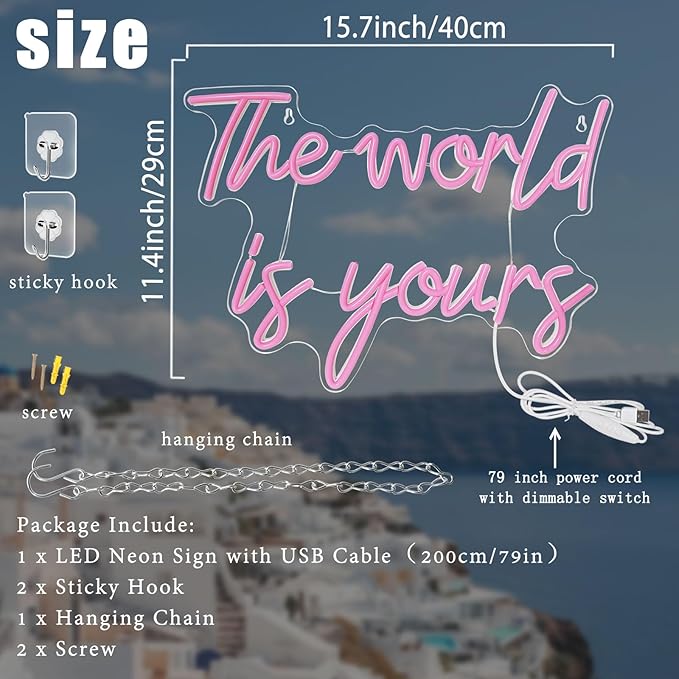 The World is Yours Neon Sign, Dimmable Word Lights for Wall Decor, Pink LED Neon Signs, World Neon Light up Sign for Bedroom Office Graduation Party Girl Room Birthday Present Engagement Valentine