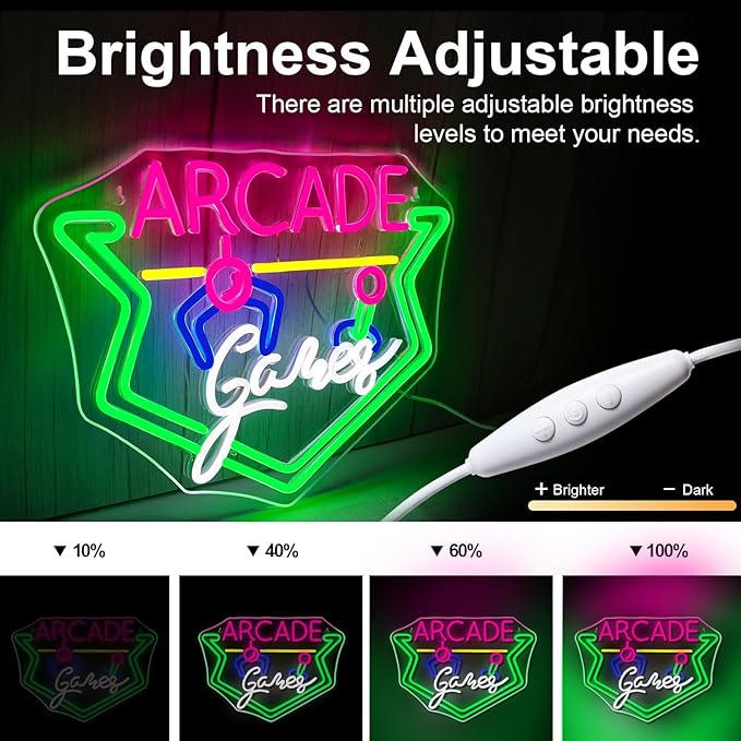 NEONLOVE Arcade Game Neon Sign for Wall Decor - Green LED Light for Game Room, Business - Acrylic, Dimmable, Theme Light Up Sign
