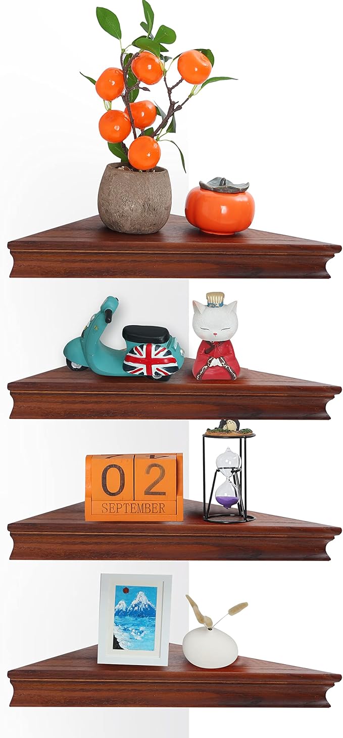 Corner Floating Shelf for Wall Set of 4,Triangular Corner Shelves Wall Mounted for Bedroom,Living Room,Bathroom,Kitchen-Dark Walnut