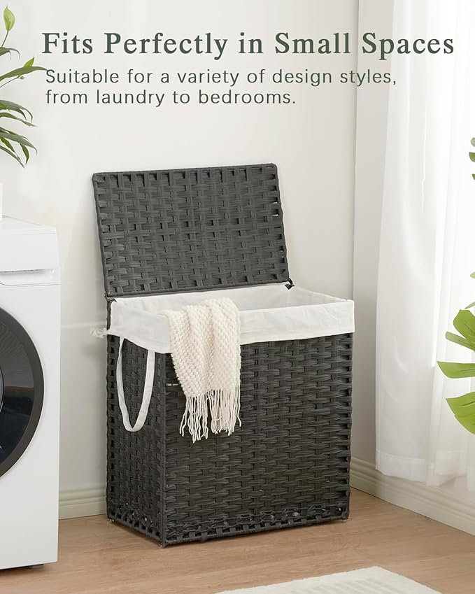 Laundry Hamper with Lid Wicker Laundry Basket 112 L (29.6 Gal) Laundry Hampers Handwoven Rattan Clothes Hamper with Handles 3 Removable Liner Bag, 6 Mesh Bags for Bathroom Bedroom Black