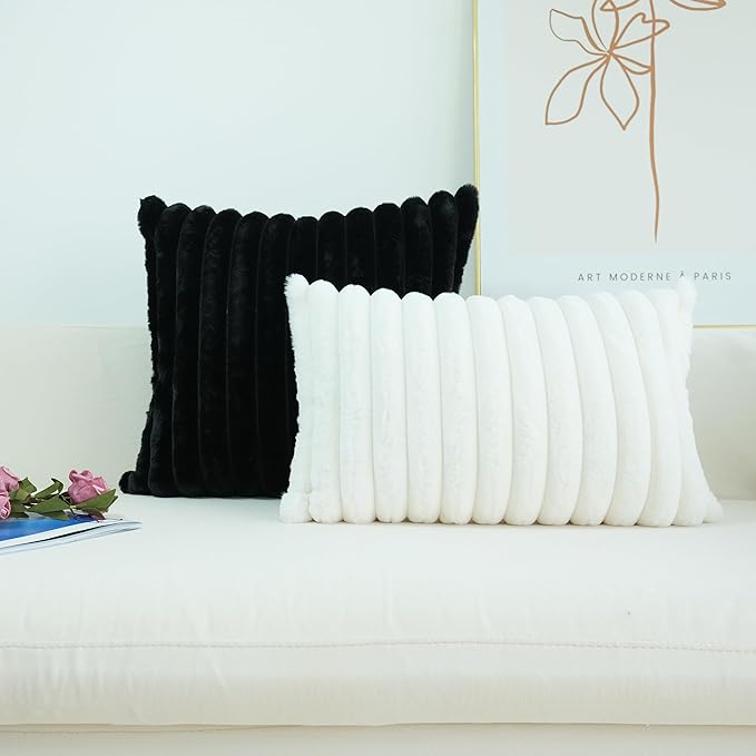 JOJUSIS Pack of 2 Faux Fur Plush Decorative Throw Pillow Covers Couch Cushion Case Soft Pillowcases (Black, 22 x 22-Inch)
