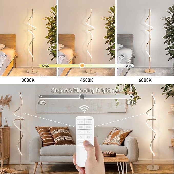 LED Floor Lamp for Living Room, 60 inches Spiral Floor Lamp with Remote Control, 48W, 3 Color Temperatures,Dimmable, for Bedroom, Office Gold