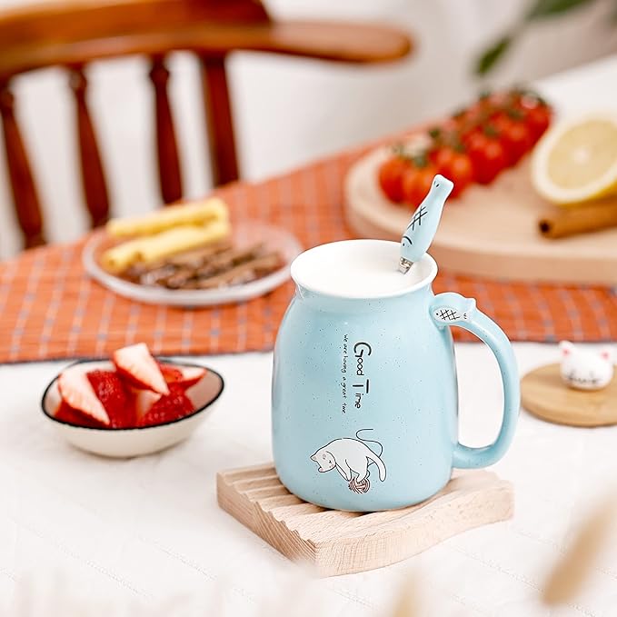 SHENDONG Cute Cat Mug Cat Cup Novelty Cat Mugs Cat Gifts for Cat Lovers Women Girl Kids Morning Office Cute Cat Cup Coffee Cup with Kawaii Kitty Lid and Spoon Japanese style Blue 15OZ